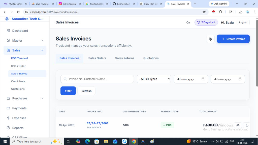 Sales Invoices Listing - Samudhra Billing Software